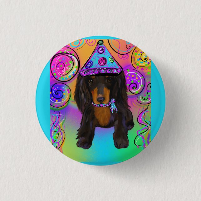 LONG HAIRED BLACK DOXIE    1 INCH ROUND BUTTON (Front)
