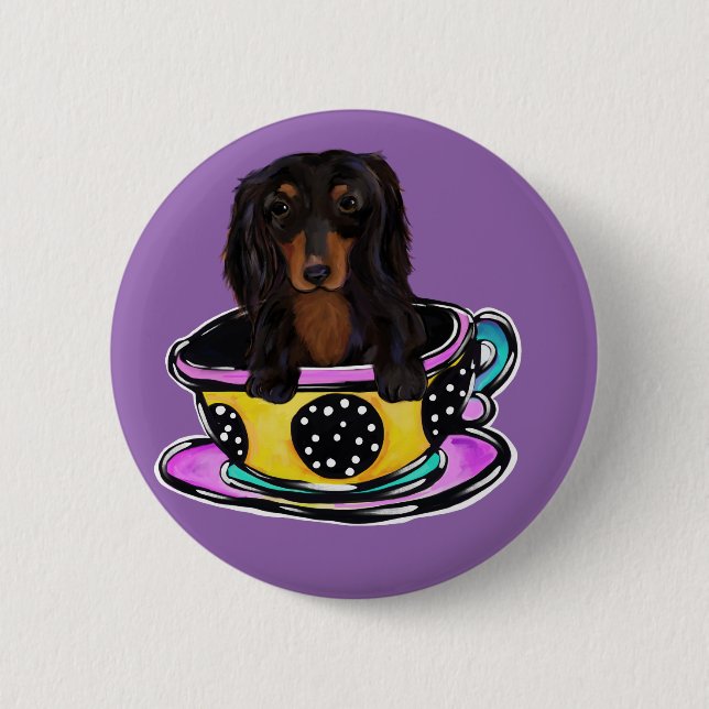 Long Haired Black Doxie 2 Inch Round Button (Front)