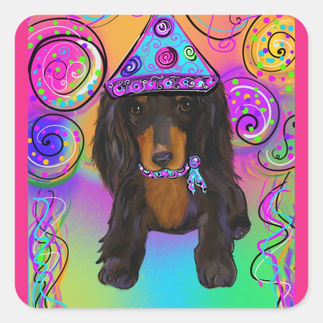 LONG HAIRED BLACK & TAN DOXIE  SQUARE STICKER (Front)