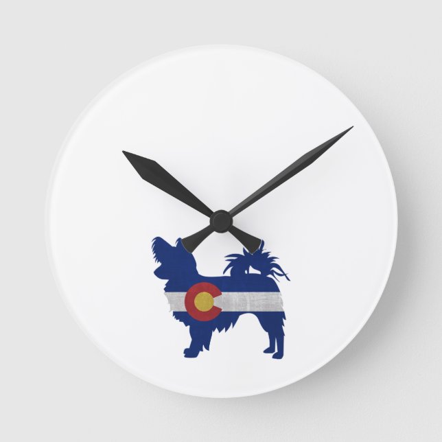 Long Haired Chihuahua Colorado Flag Silhouette Round Clock (Front)