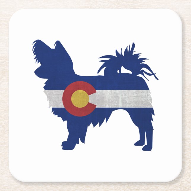 Long Haired Chihuahua Colorado Flag Silhouette Square Paper Coaster (Front)