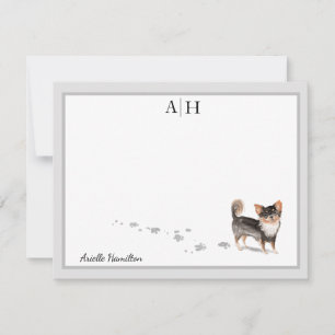 Long Haired Chihuahua Dog Gray Border Monogram Card