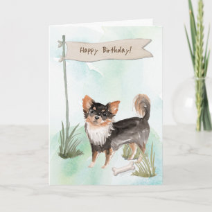 Long Haired Chihuahua Dog Under Birthday Sign Card