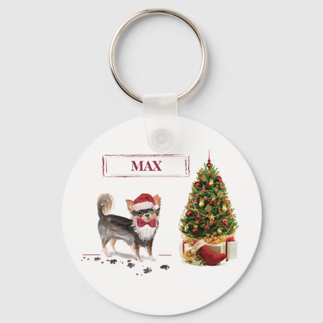 Long Haired Chihuahua Funny Christmas Dog Tree Keychain (Front)