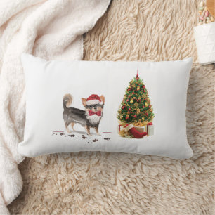 Long Haired Chihuahua Funny Christmas Dog Tree Lumbar Pillow