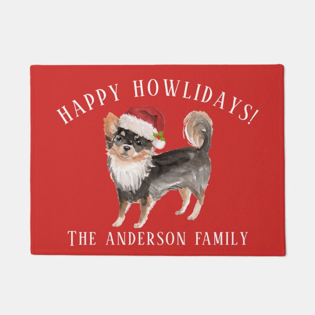 Long Haired Chihuahua Happy Howlidays Christmas Doormat (Front)