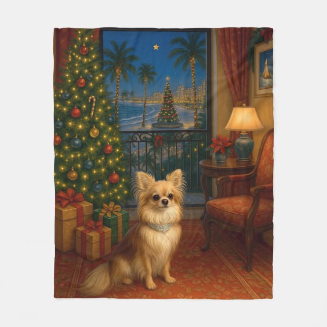 Long-haired Chihuahua Holiday  Fleece Blanket (Front)