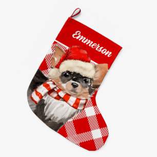 Long Haired Chihuahua Red Plaid with Dog's Name La Large Christmas Stocking