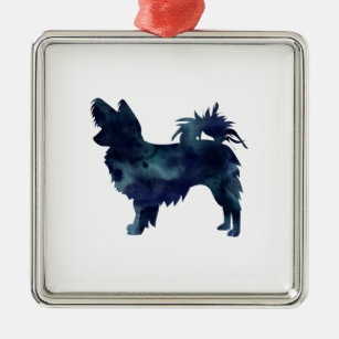 Long-haired Chihuahua Watercolor Black Silhouette Metal Ornament