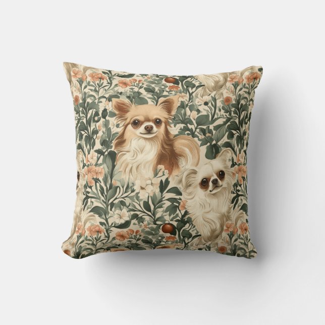 Long Haired Chihuahuas William Morris style floral Throw Pillow (Front)