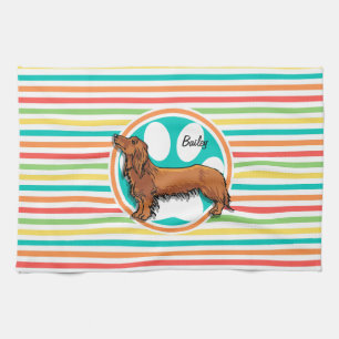 Long-haired Dachshund; Bright Rainbow Stripes Kitchen Towel