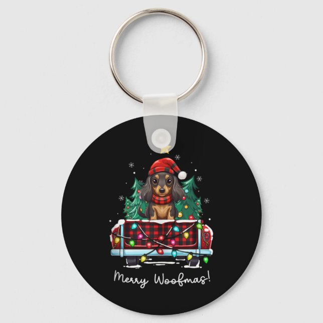 Long Haired Dachshund Christmas Dog Truck Plaid Fu Keychain (Front)