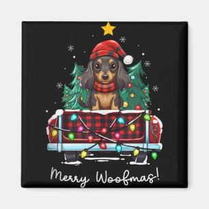 Long Haired Dachshund Christmas Dog Truck Plaid Fu Magnet
