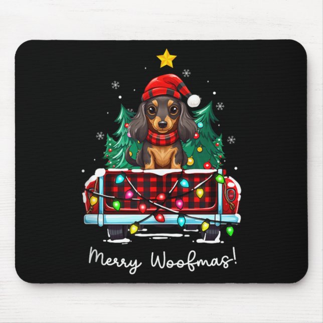 Long Haired Dachshund Christmas Dog Truck Plaid Fu Mouse Pad (Front)
