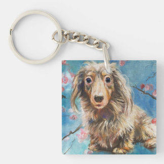 Long-Haired Dachshund in Cherry Blossoms Keychain