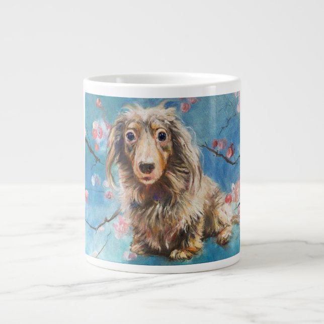 Long-Haired Dachshund in Cherry Blossoms  Large Coffee Mug (Front)