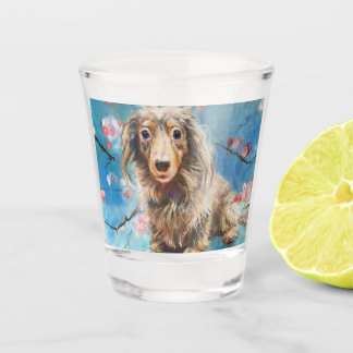 Long-Haired Dachshund in Cherry Blossoms Shot Glass