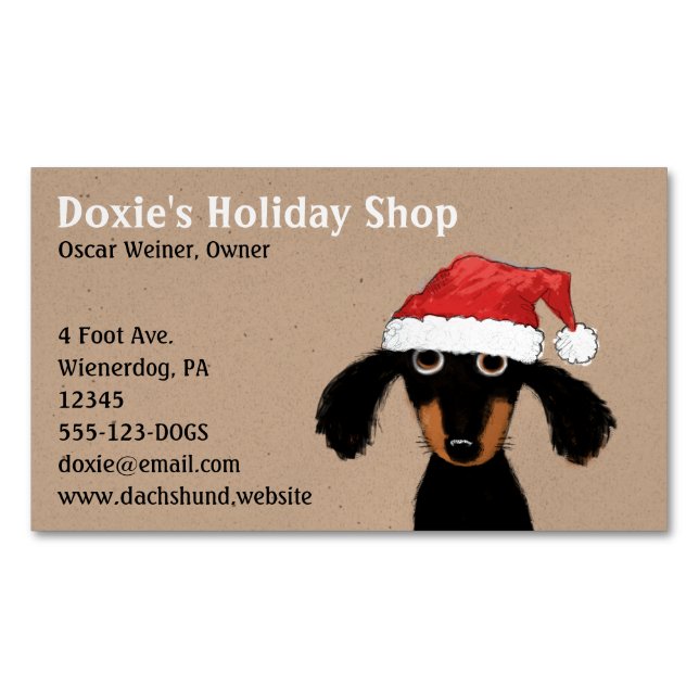 Long Haired Dachshund Puppy in Santa Clause Hat Magnetic Business Card (Front)