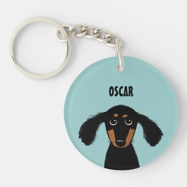 Long Haired Dachshund Puppy with Custom Text Keychain (Front)