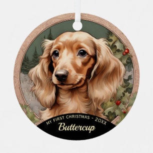 Long Haired Dachshund Puppy's First Christmas Metal Ornament