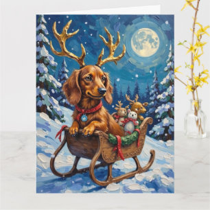 Long-Haired Dachshund Reindeer Sleigh Card