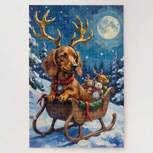 Long-Haired Dachshund Reindeer Sleigh Jigsaw Puzzle (Vertical)