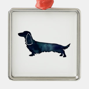 Long Haired Dachshund Silhouette Black Watercolor Metal Ornament