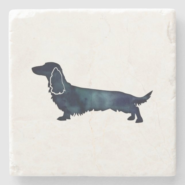 Long Haired Dachshund Silhouette Black Watercolor Stone Coaster (Front)