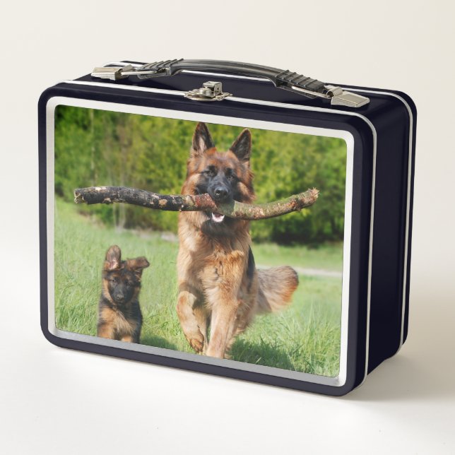 Long Haired Fluffy German Shepherd Dog and Puppy Metal Lunch Box (Front)