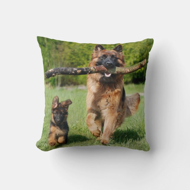 Long Haired Fluffy German Shepherd Dog and Puppy Throw Pillow (Front)