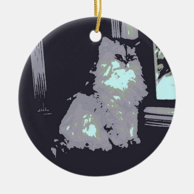 Long-haired Grey Kitty Cat Ceramic Ornament (Front)
