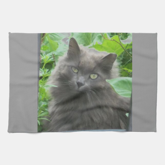 Long Haired Grey Russian Blue Cat Kitchen Towel (Horizontal)