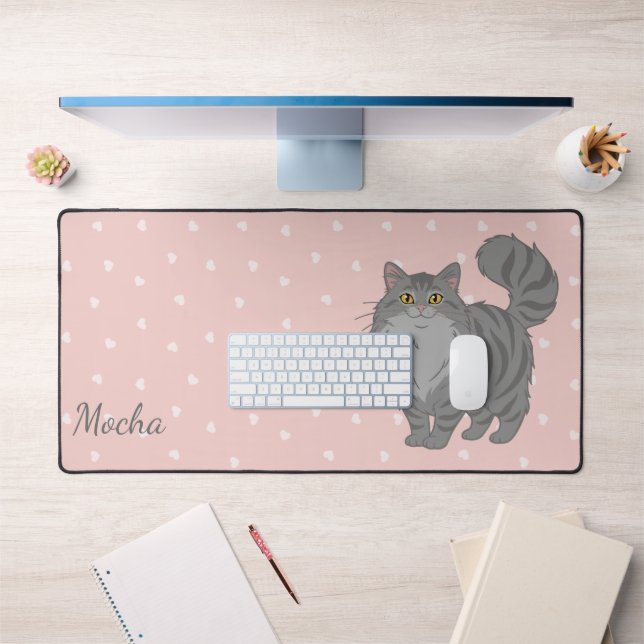 Long Haired Grey Tabby Cat Mom Personalized Desk Mat (Office 1)