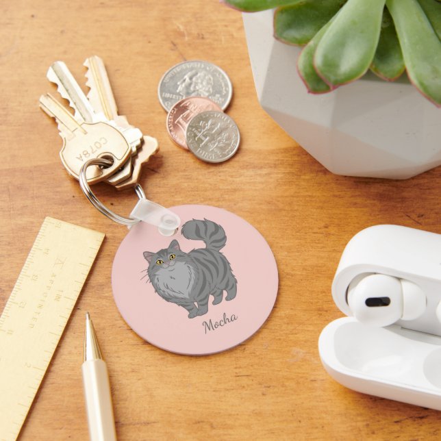 Long Haired Grey Tabby Cat Mom Personalized Keychain (Desk)