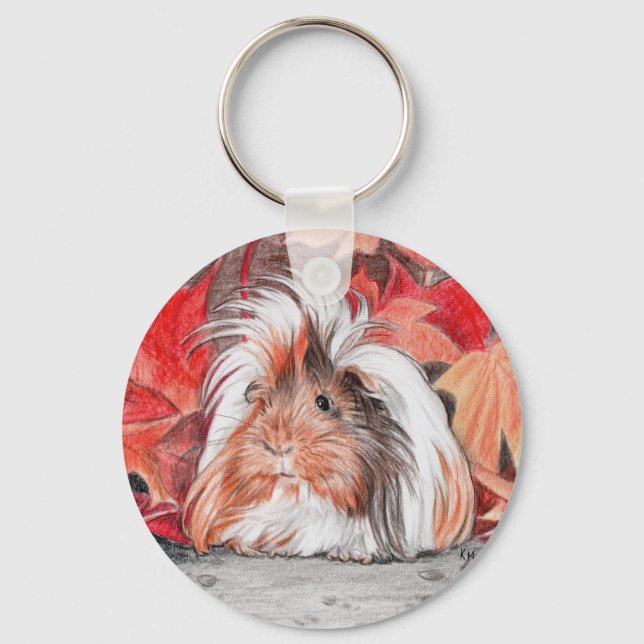 Long haired guinea pig in autumn keychain (Front)
