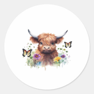 Long Haired Highland Baby Cow Classic T-Shirt Round Sticker