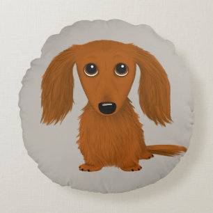 Long Haired Red Dachshund   Cute Doxie Cartoon Dog Round Pillow