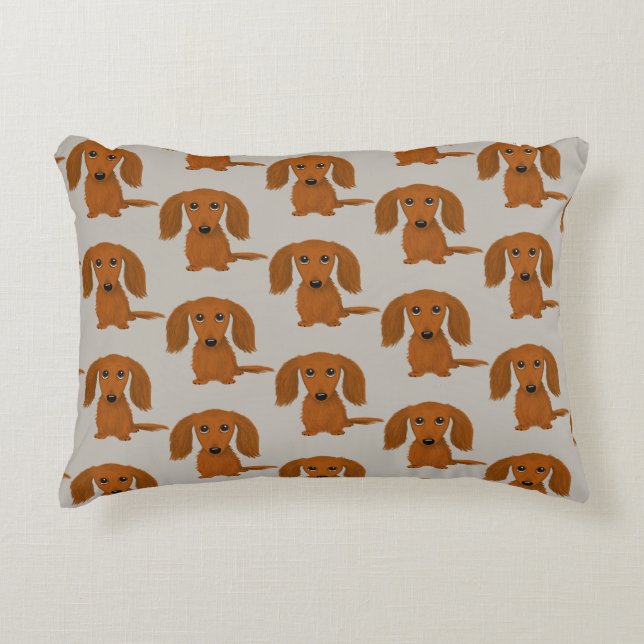 Long Haired Red Dachshund Pattern Accent Pillow (Front)