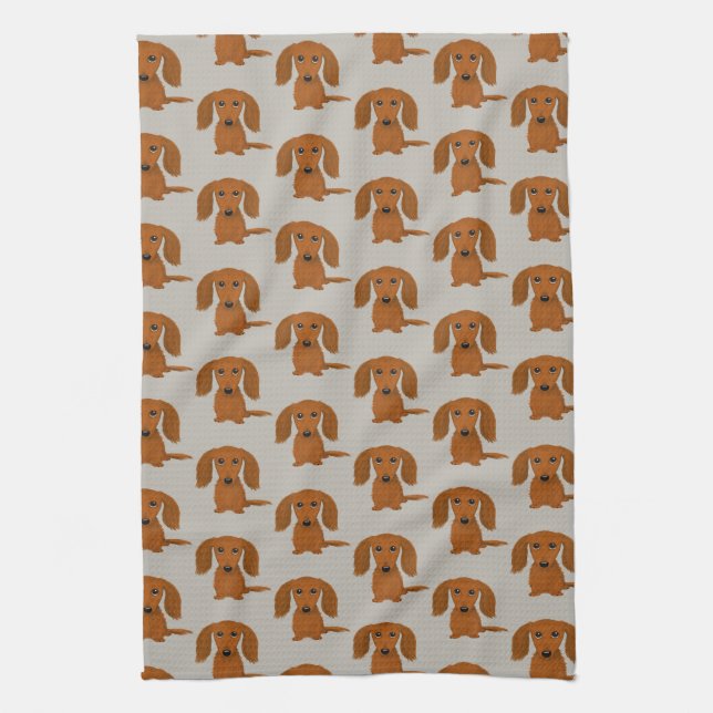 Long Haired Red Dachshund Pattern Kitchen Towel (Vertical)