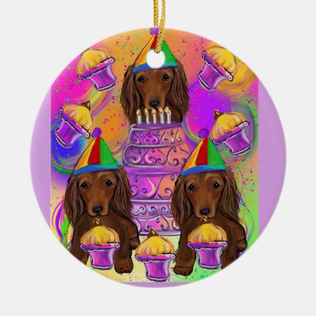 Long Haired Red Doxies Ceramic Ornament (Front)