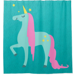 Long-Haired Unicorn on Green Shower Curtain