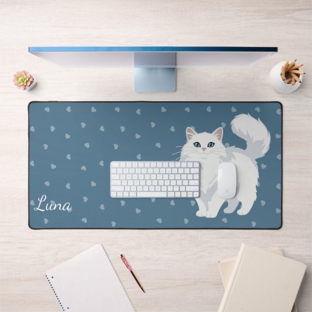 Long Haired White Cat Mom Personalized Desk Mat (Office 1)