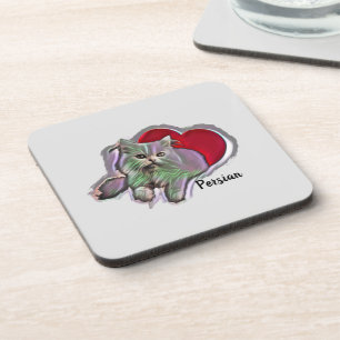 Long Haired White Pop Art Persian Cat Love Heart Coaster