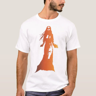 long-haired woman in an orange-toned silhuette T-Shirt