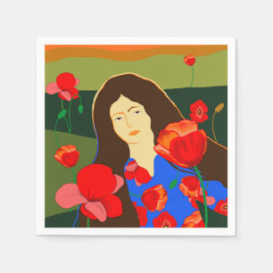 Long haired woman walking in poppy field  napkin