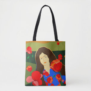 Long haired woman walking in poppy field  tote bag