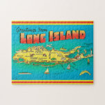 Long Island Greeting Postcard Puzzle<br><div class="desc">A very old,  vintage,  colourful postcard map of Long Island,  New York. This vintage illustration is a  perfect accessory for a beach house cottage and it makes such a great gift.</div>