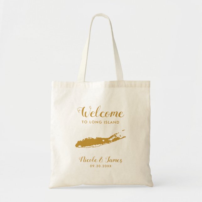 Long Island Map Wedding Welcome Bag, Gold Tote Bag (Front)