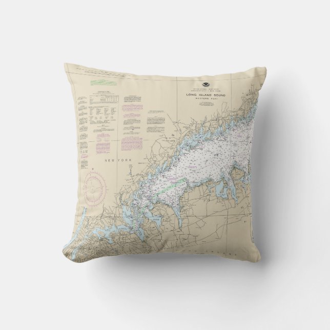 Long Island Sound Western Part Nautical Chart Throw Pillow (Front)