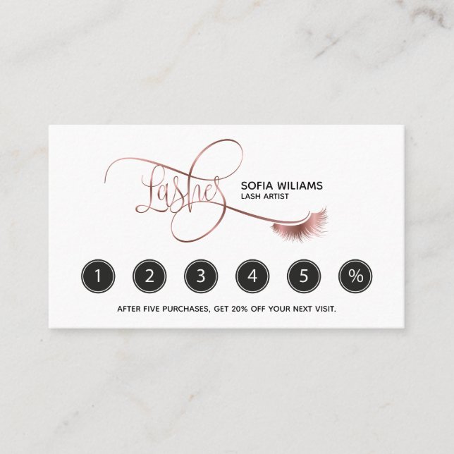 Long Lashes & Brows Makeup Artist Rose Gold Loyalty Card (Front)